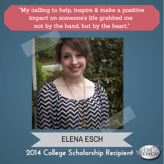 Picture of 2014 scholarship recipient Elena with her quote: "My calling to make a positive impact grabbed me by the heart." 