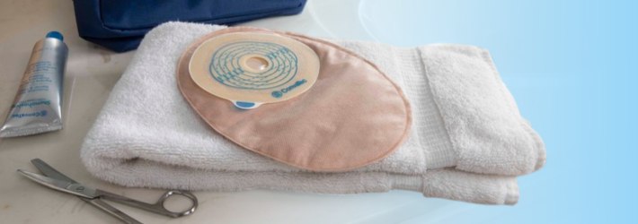 Convatec one-piece closed-end colostomy pouch on clean towel