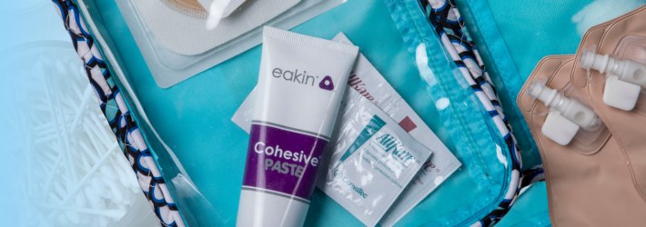 eakin cohesive paste and urostomy pouches in travel bag
